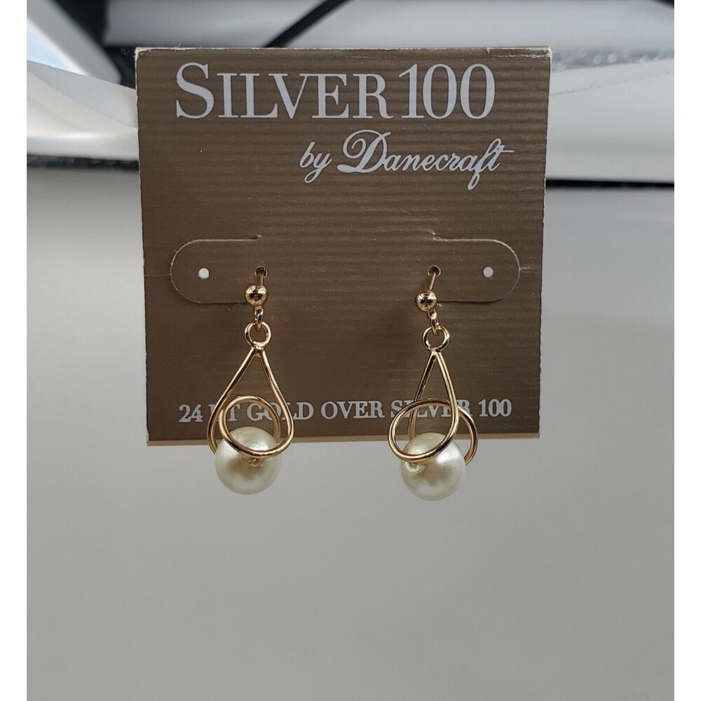 Silver 100 by Dancecraft Dangle Faux Pearl Earrings 24kt Gold over .925 Metal
